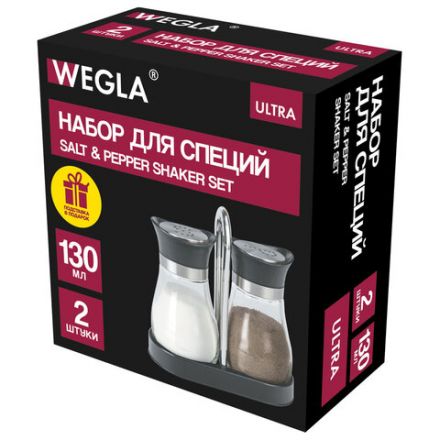 Набор для специй 2х130 мл, ULTRA, подставка + солонка + перечница, отверстия S/P, WEGLA (ВЕГЛА), 700233