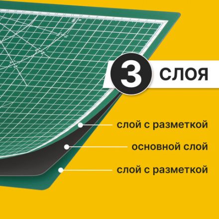 Коврик (мат) для резки BRAUBERG 3-слойный, А3 (450х300 мм), двусторонний, толщина 3 мм, зеленый, 236904