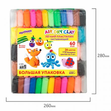 Пластилин супер лёгкий воздушный застывающий 60 штук (36 цветов + 12х2 базовых), 600 г, 3 стека, ЮНЛАНДИЯ, 106981