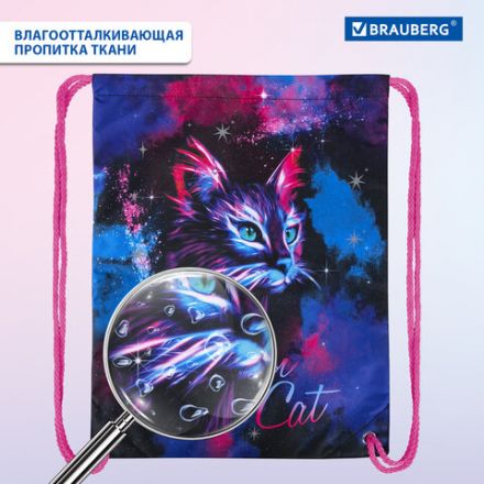 Мешок для обуви BRAUBERG PREMIUM, карман, подкладка, светоотражайка, 43х33 см, "Neon cat", 271621