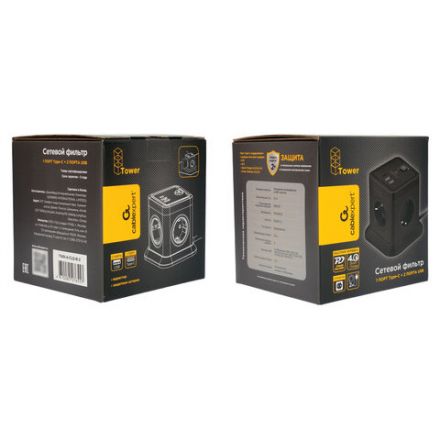 Сетевой фильтр CABLEXPERT Tower, 4 розетки, 10 А, 1 x Type-C PD, 20 Вт, 2 х USB, 2 м, черный, TWR-4-CU2-B-2 Сетевой фильтр CABLEXPERT Tower, 4 розетки, 10 А, 1 x Type-C PD, 20 Вт, 2 х USB, 2 м, черный, TWR-4-CU2-B-2