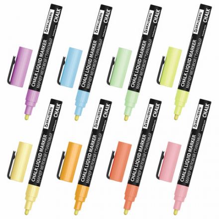 Маркеры меловые CHALK LIQUID MARKER, ПАСТЕЛЬ, НАБОР 8 ЦВЕТОВ, 3 мм, стираемые, BRAUBERG "CHALK", 152598