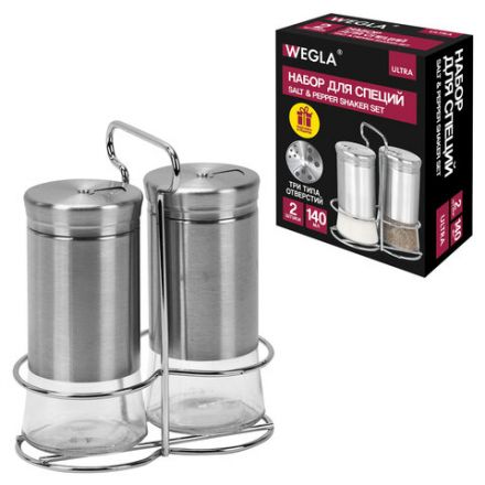 Набор для специй 2х140 мл, ULTRA, подставка + солонка + перечница, 3 типа отверстий, WEGLA (ВЕГЛА), 700234