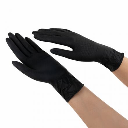 Перчатки нитриловые сверхпрочные с текстурой SFM MEGA TEX BLACK, Германия, 25 пар (50 штук), размер 7-8 (средний)