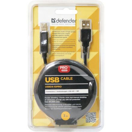Кабель USB 2.0 AM-BM, 3 м, DEFENDER, 2 фильтра, для подключения принтеров, МФУ и периферии, 87431