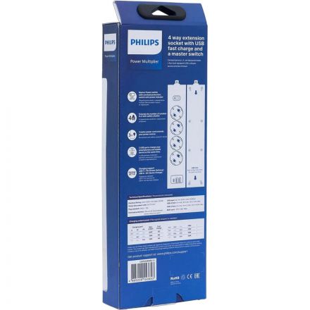 Сетевой фильтр Philips CHP4346WB/51 4р/3м с USB, 10А, белый