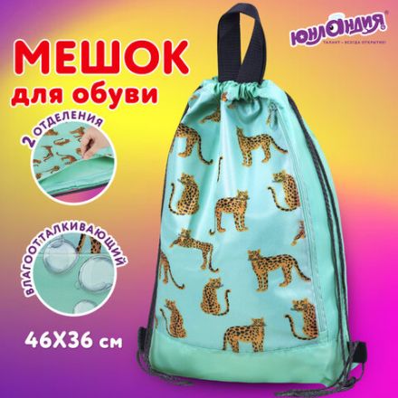 Мешок для обуви ЮНЛАНДИЯ, с ручками, боковой карман на молнии, 46х36 см, "Wild Cats", 271614