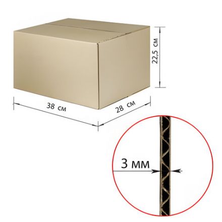 Гофрокороб, длина 380 мм х ширина 280 мм х высота 225 мм, марка Т22, профиль В, FEFCO 0201 / ГОСТ, исполнение А, 440055 Гофрокороб, длина 380 мм х ширина 280 мм х высота 225 мм, марка Т22, профиль В, FEFCO 0201 / ГОСТ, исполнение А, 440055