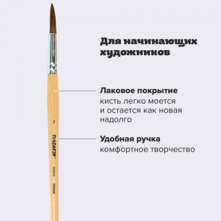 Кисть ПИФАГОР, ПОНИ, круглая, № 7, деревянная лакированная ручка, колпачок, пакет с подвесом, 200836