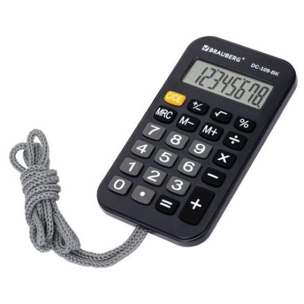 Калькулятор карманный со шнурком BRAUBERG DC-109-BK (61x110 мм), 8 разрядов, ЧЕРНЫЙ, 272642