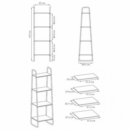 Стеллаж на металлокаркасе "Скандинавия-14", 450х385х1470 мм, 4 полки ЛДСП, черный/дуб, CТCП14 Ч