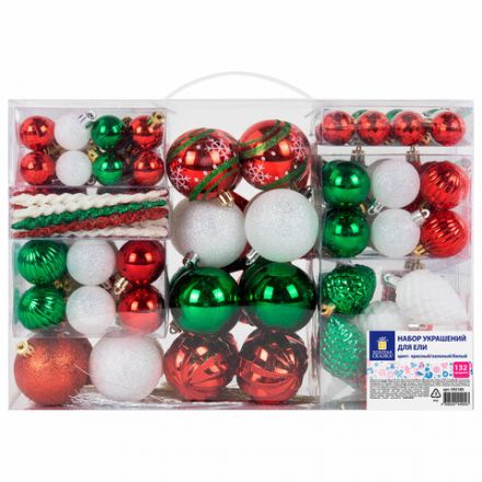 Шары ёлочные НАБОР 132 предмета "Red&Green", красный/зеленый/белый, пластик, ЗОЛОТАЯ СКАЗКА, 592180