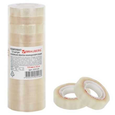 Клейкие ленты 12 мм х 33 м канцелярские BRAUBERG, комплект 12 шт., прозр., гарант. длина, 223123