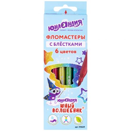 Фломастеры с блестками ЮНЛАНДИЯ 6 цветов, "ЮНЫЙ ВОЛШЕБНИК", ударопрочный наконечник, вентилируемый колпачок, картон, 151649 Фломастеры с блестками ЮНЛАНДИЯ 6 цветов, "ЮНЫЙ ВОЛШЕБНИК", ударопрочный наконечник, вентилируемый колпачок, картон, 151649