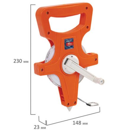 Рулетка геодезическая 20 м х 13 мм, лента фибергласс, открытый корпус, RABBITEX (РАББИТЕКС), 671366