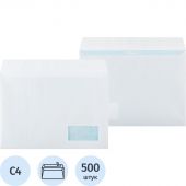 Конверт белый С4 стрип 229х324 90г прав.окно КОМУС 500 шт/уп