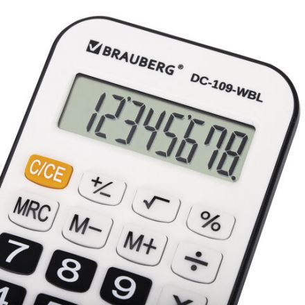 Калькулятор карманный со шнурком BRAUBERG DC-109-WBL (61x110 мм), 8 разрядов, БЕЛЫЙ/ЧЕРНЫЙ, 272643