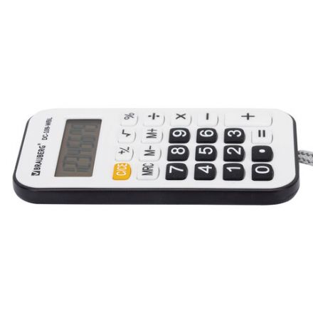 Калькулятор карманный со шнурком BRAUBERG DC-109-WBL (61x110 мм), 8 разрядов, БЕЛЫЙ/ЧЕРНЫЙ, 272643