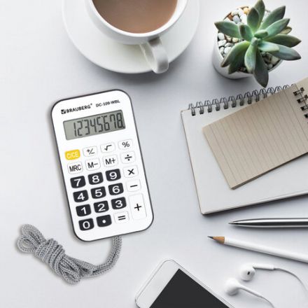 Калькулятор карманный со шнурком BRAUBERG DC-109-WBL (61x110 мм), 8 разрядов, БЕЛЫЙ/ЧЕРНЫЙ, 272643
