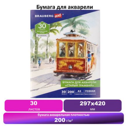 Папка для акварели БОЛЬШАЯ А3, 30 л., "СТАРЫЙ ТРАМВАЙ", зерно, 200 г/м2, ГОЗНАК, BRAUBERG ART CLASSIC, 112324
