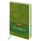 Ежедневник датированный 2026 А5 138x213 мм, BRAUBERG "Foliage", под кожу, гибкий, зеленый, 117128