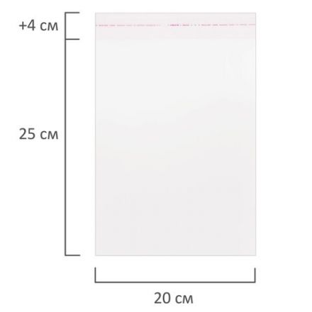 Пакет БОПП с клеевым клапаном, КОМПЛЕКТ 100 шт., 20х25+4 см, толщина 30 мкм, с усиленным швом