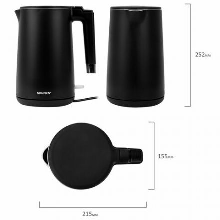 Чайник электрический с двойными стенками SONNEN KT-8719B, 1,5 л, 2200 Вт, черный, 454692