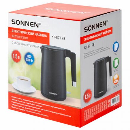 Чайник электрический с двойными стенками SONNEN KT-8719B, 1,5 л, 2200 Вт, черный, 454692