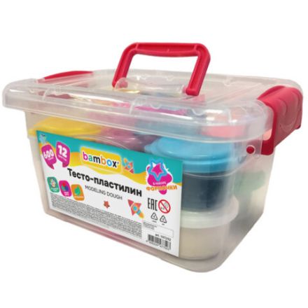 Тесто-пластилин для лепки СУПЕР ПЛАСТИЧНОЕ, 12 цветов, 600 г, в пластиковом контейнере, формочки, BAMBOX (БАМБОКС), 107252