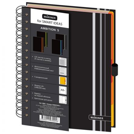 Бизнес-тетрадь Ambition 5,А5,150л,148х205,5разд,клет+лин,сер полос,0005