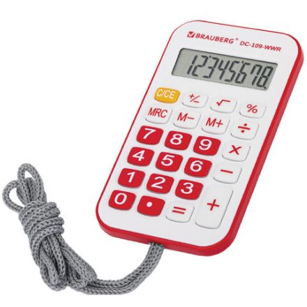 Калькулятор карманный со шнурком BRAUBERG DC-109-WWR (61x110 мм), 8 разрядов, БЕЛЫЙ/КРАСНЫЙ, 272644
