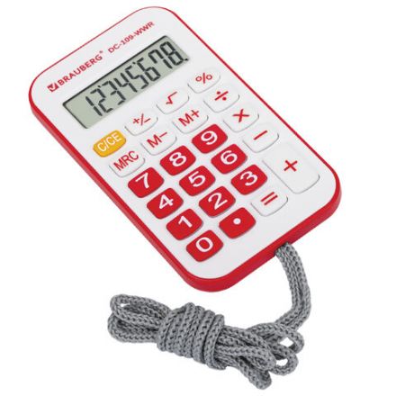 Калькулятор карманный со шнурком BRAUBERG DC-109-WWR (61x110 мм), 8 разрядов, БЕЛЫЙ/КРАСНЫЙ, 272644