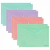 Папка-конверт с кнопкой А4, КОМПЛЕКТ 8 шт., пастельные цвета ассорти, BRAUBERG "PASTEL", 0,18 мм, 272865