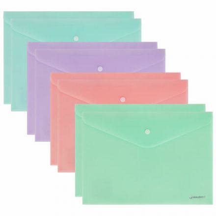 Папка-конверт с кнопкой А4, КОМПЛЕКТ 8 шт., пастельные цвета ассорти, BRAUBERG "PASTEL", 0,18 мм, 272865