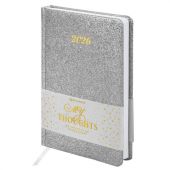Ежедневник датированный 2026, А5, 138x213 мм, BRAUBERG "Sparkle", под кожу, блестки, серебристый, 117440