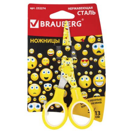 Ножницы 130 мм с цветной печатью "Смайлики", жёлто-белые, закругленные, BRAUBERG KIDS, 232274
