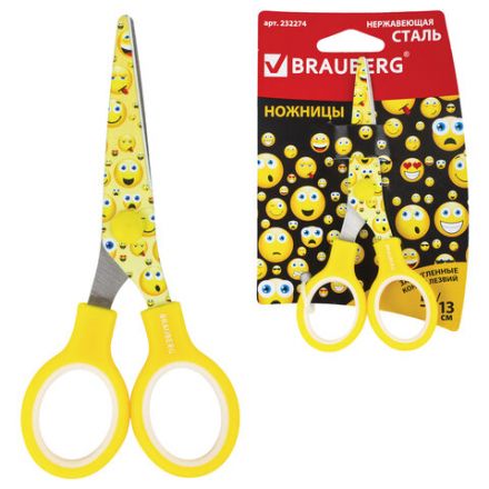 Ножницы 130 мм с цветной печатью "Смайлики", жёлто-белые, закругленные, BRAUBERG KIDS, 232274