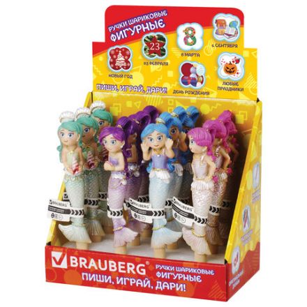Ручка фигурная "РУСАЛОЧКИ-2", СИНЯЯ, 4 дизайна ассорти, линия письма 0,5 мм, дисплей, BRAUBERG, 142773