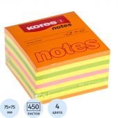 Стикеры Kores 75х75 мм неоновые 4 цвета (1 блок, 450 листов) Стикеры Kores 75х75 мм неоновые 4 цвета (1 блок, 450 листов)