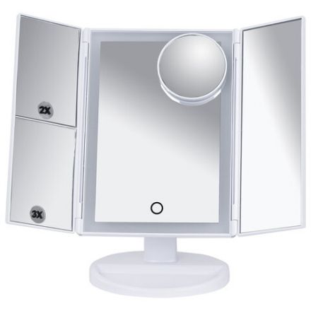 Зеркало настольное с LED-подсветкой для макияжа, размер 24х18 см, складное, увеличение х2, х3, х10, белое, BRABIX, 609337