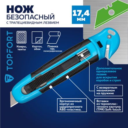 Нож безопасный TOPFORT 19мм шир.трапец.+д/вскр.упак.матер,ABS+TPR