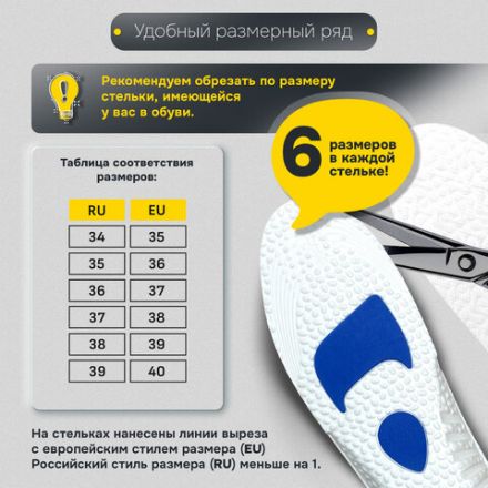 Стельки для обуви с АМОРТИЗИРУЮЩИМИ ВСТАВКАМИ, материал EVA, размер RU 34-39 / EU 35-40, с линиями выреза, SHEGRA (ШЕГРА), 700752