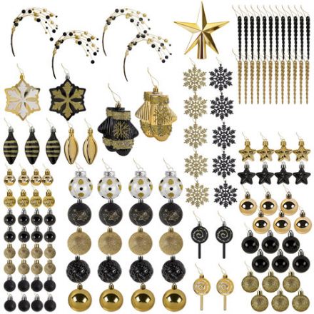 Шары новогодние ёлочные "Black&Gold", НАБОР 130 предметов, черный/золото, пластик, ЗОЛОТАЯ СКАЗКА, 592183