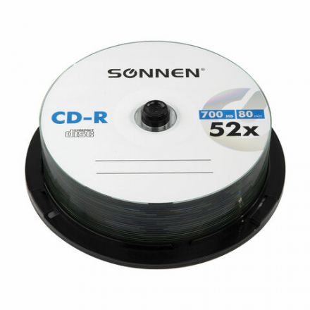 Диск CD-R SONNEN, 700 Mb, 52x, Cake Box (упаковка на шпиле) КОМПЛЕКТ 25 шт., 513531
