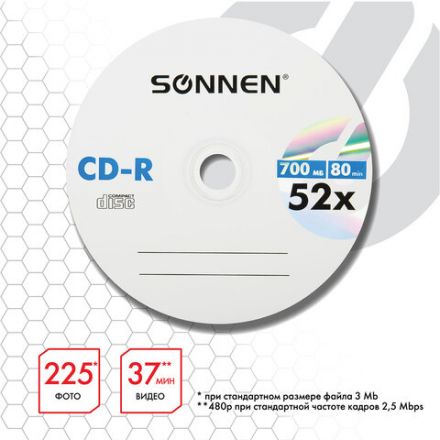 Диск CD-R SONNEN, 700 Mb, 52x, Cake Box (упаковка на шпиле) КОМПЛЕКТ 25 шт., 513531