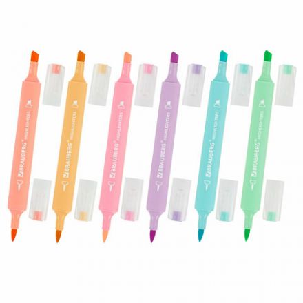 Набор текстовыделителей двусторонних (скошенный/кисть) 6 ПАСТЕЛЬНЫХ ЦВЕТОВ, АССОРТИ, BRAUBERG TIP-D, трехгранный корпус, 152533