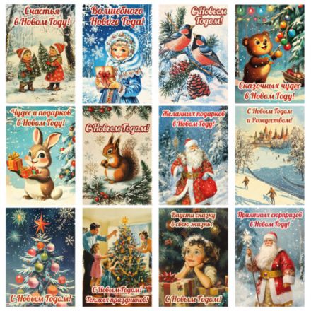 Открытка новогодняя (1 шт.), 7х10 см, "Ретро", картон, ассорти 12 дизайнов, ЗОЛОТАЯ СКАЗКА, 592582