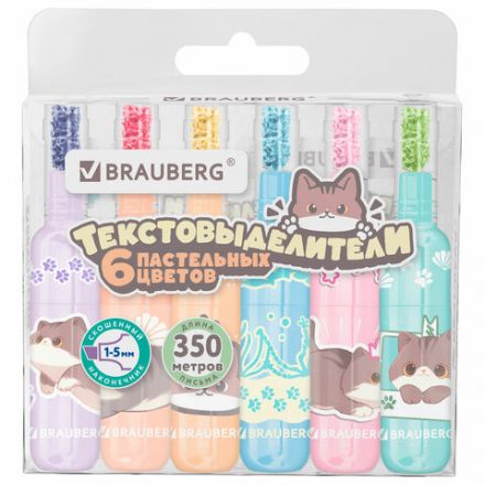 Набор текстовыделителей 6 ПАСТЕЛЬНЫХ ЦВЕТОВ, кросс-серия МИЛЫЕ КОТЫ, линия 1-5 мм, BRAUBERG, 152619