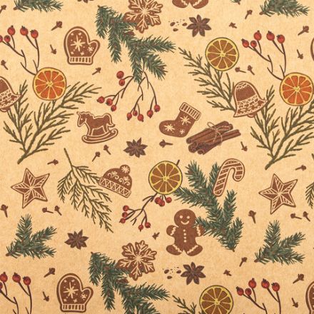 Бумага упаковочная подарочная новогодняя "Christmas Kraft", 70х100 см, 10 дизайнов ассорти, ЗОЛОТАЯ СКАЗКА, 592053