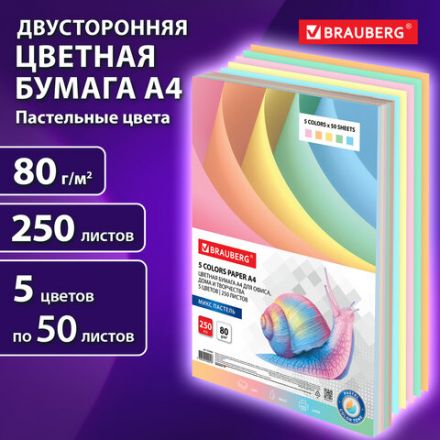 Бумага цветная BRAUBERG, А4, 80 г/м2, 250 л. (5 цветов х 50 листов), пастель, для офисной техники, 112463